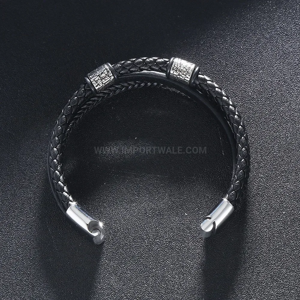 Multilayer Woven Microfiber Leather Bracelet with Stainless Steel Accents