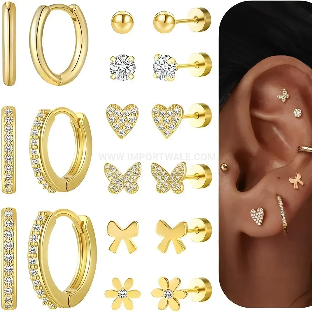 Elegant Golden Heart and Butterfly Stainless Steel Earring Set