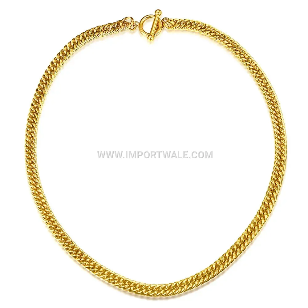Gold Plated Stainless Steel Cuban Chain OT Clasp Statement Necklace