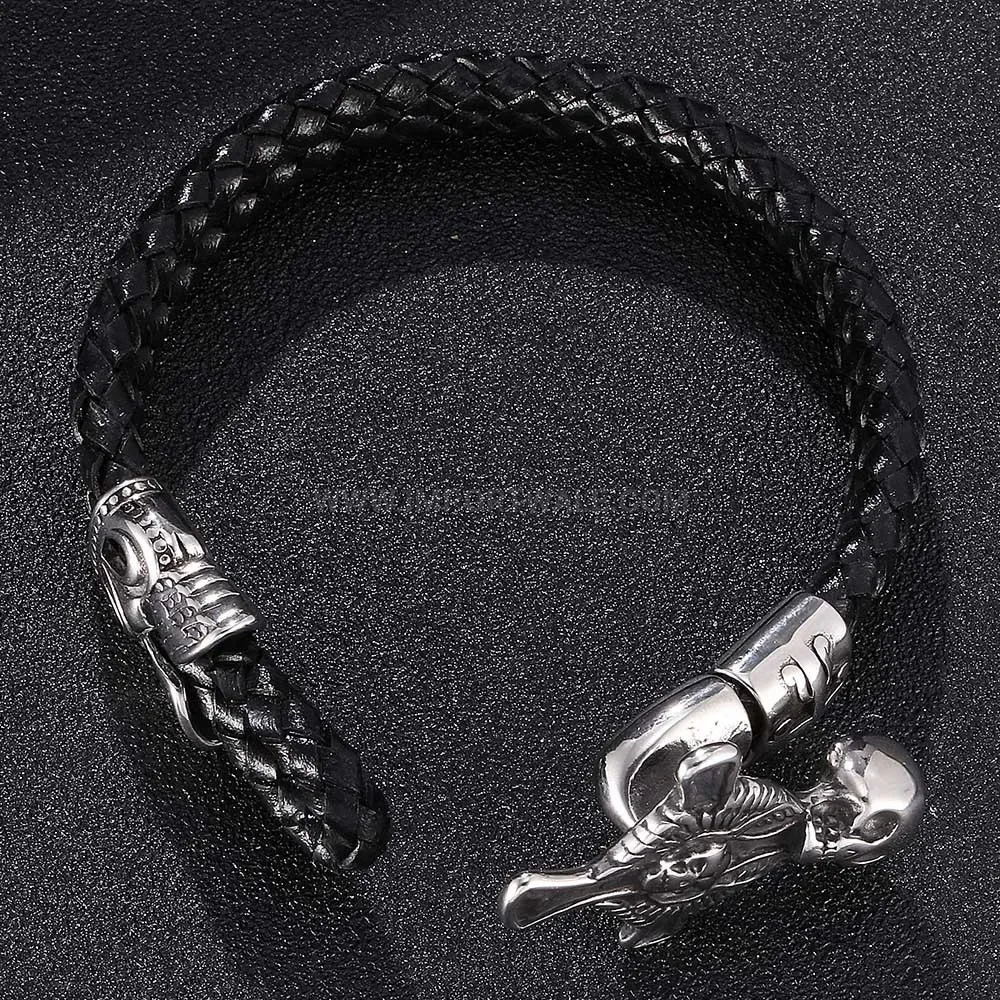 Double Wrap Braided Leather Skull Motif Steel Cuff Bracelet
