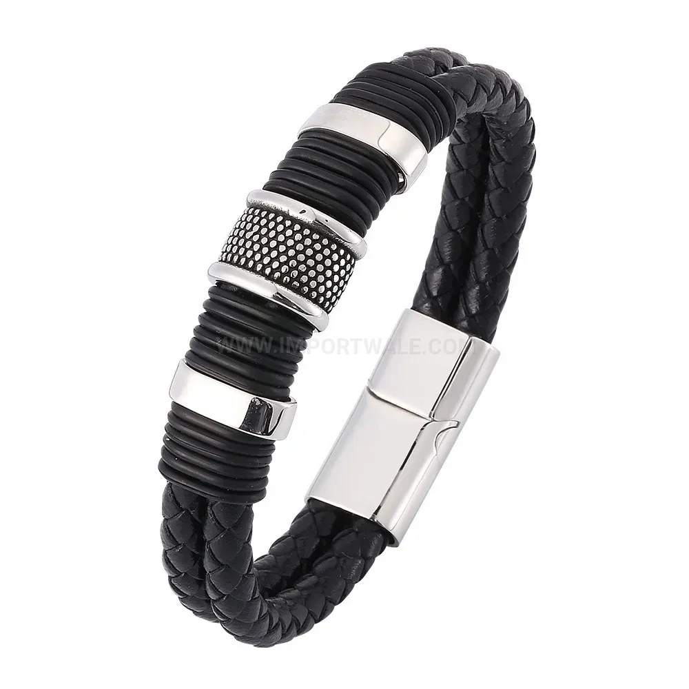 Fashion Braided Leather Stainless Steel Magnetic Clasp Geometric Wrap Wristband