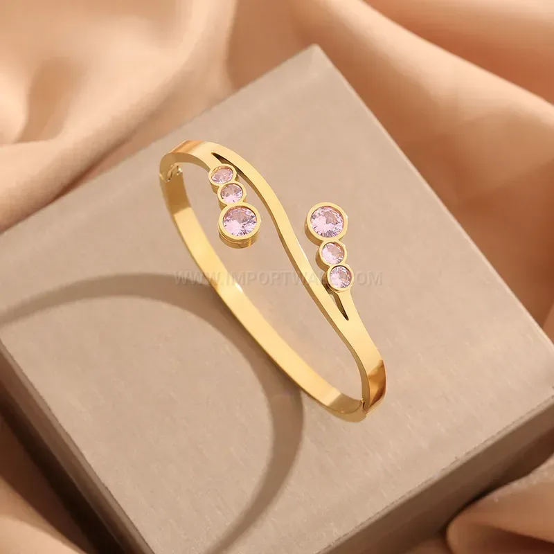 Pink Crystal Accent Titanium Steel Bangle