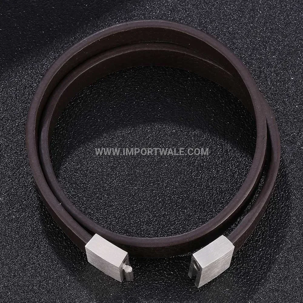 Double Wrap Braided Brown Leather Bracelet Stainless Steel Clasp