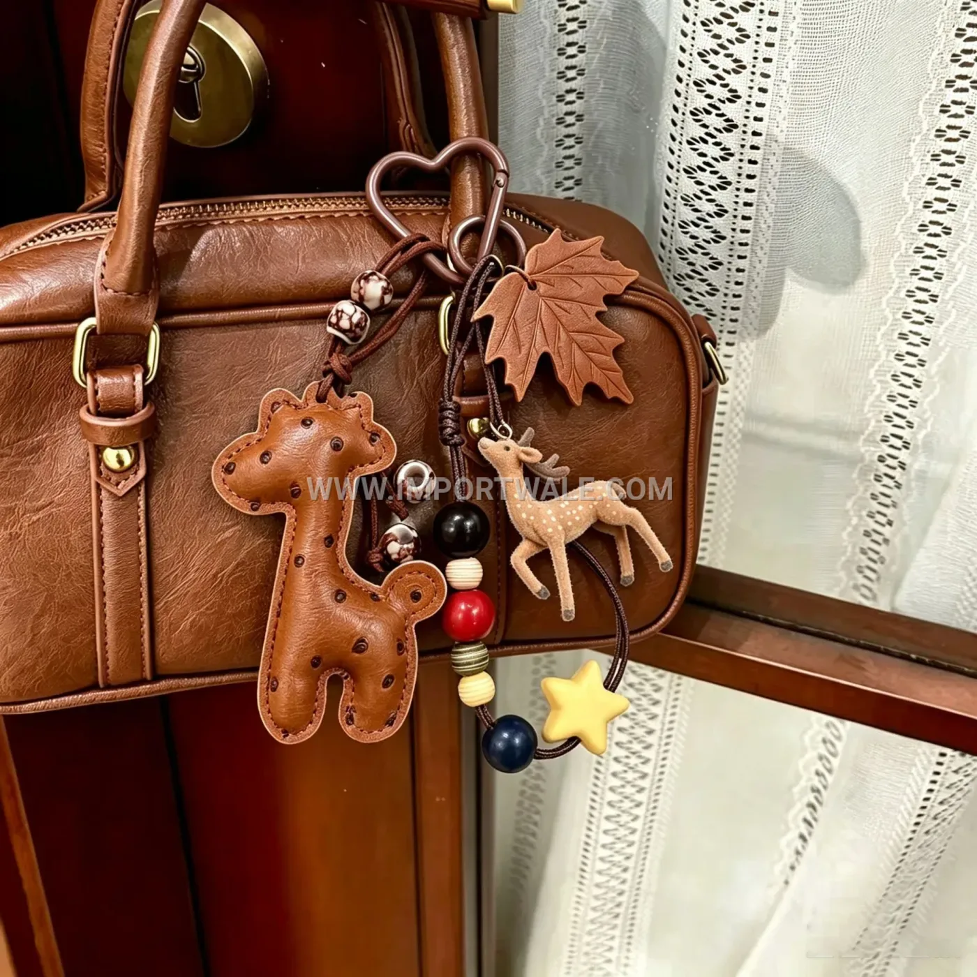 Beaded Leather Fawn Deer Plush Charm Keychain