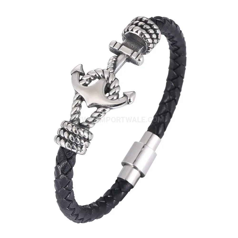 Braided Leather Anchor Charm Bracelet with Magnetic Stainless Steel Clasp