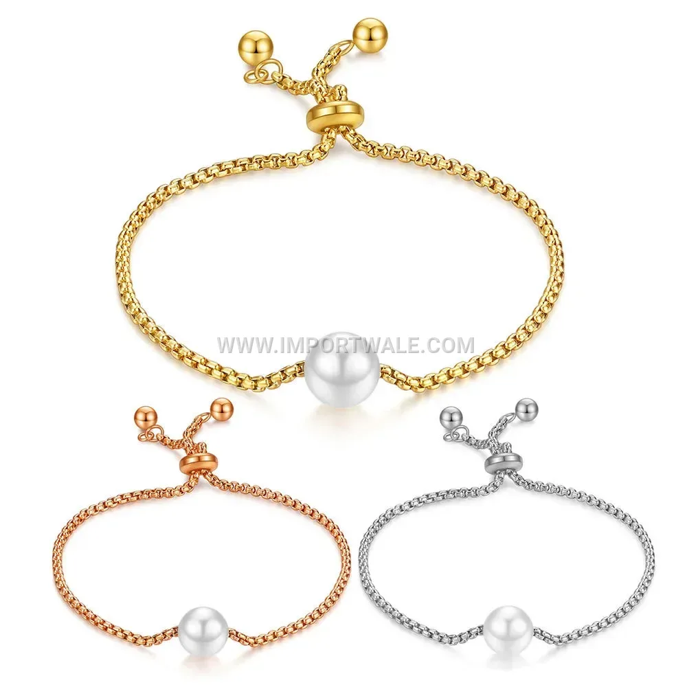 Adjustable Stainless Steel Pearl Station Chain Bracelet
