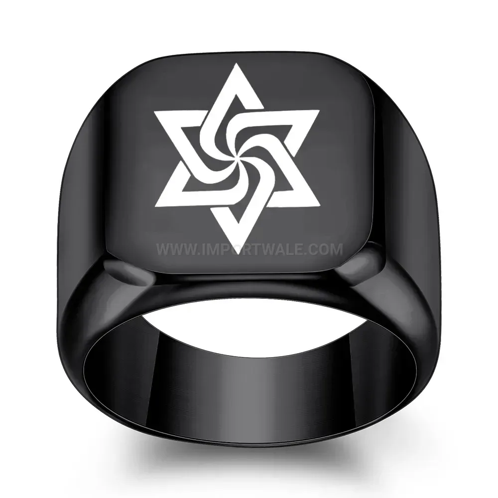 Premium Square Stainless Steel Engraved Hexagram Star Ring