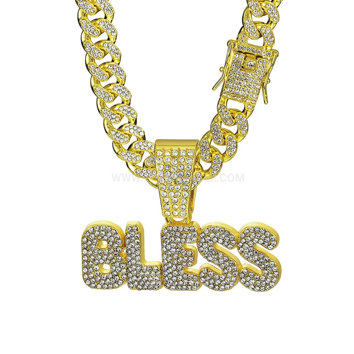 Pave Rhinestone BLESS Lettering Hip Hop Pendant