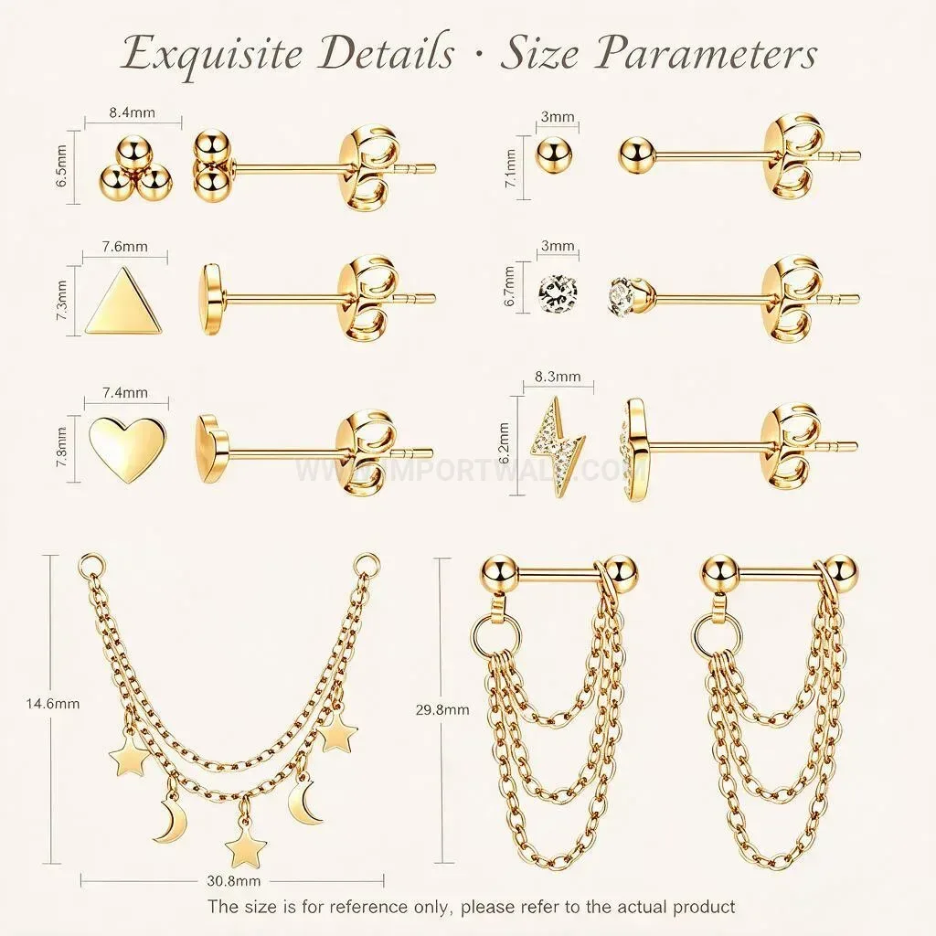 Elegant Stainless Steel Celestial Charm Chain Layering Ear Piercing Stud Set