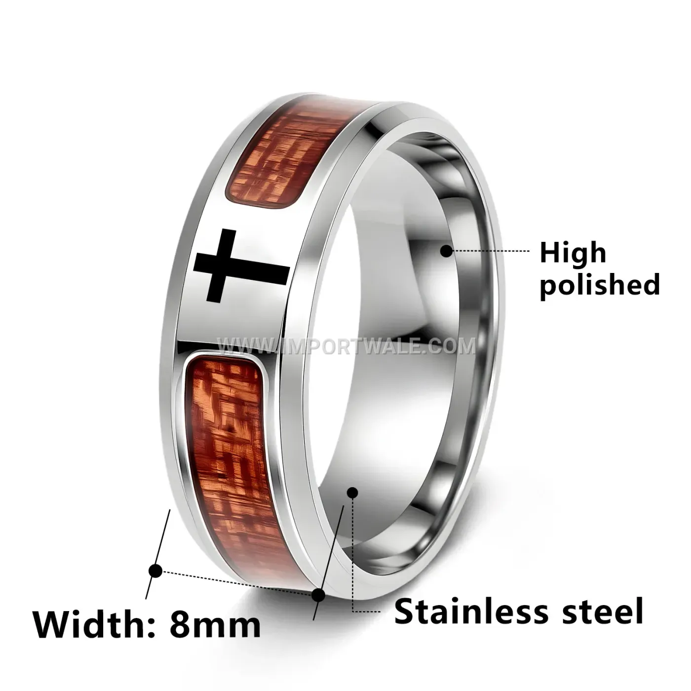 Stainless Steel Wood Grain Inlay Band Ring with Symbol Detailing