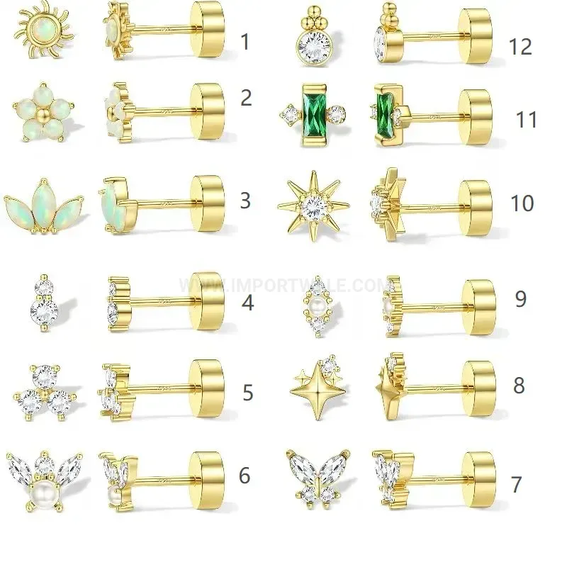 Designer Opal Inlaid 316L Stainless Steel Ear Cartilage Piercing Stud Set