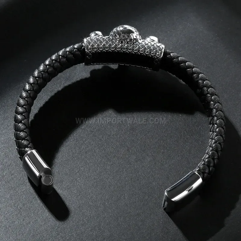 Fashion Bold Stainless Steel Skull Leather Men's Bracelet
