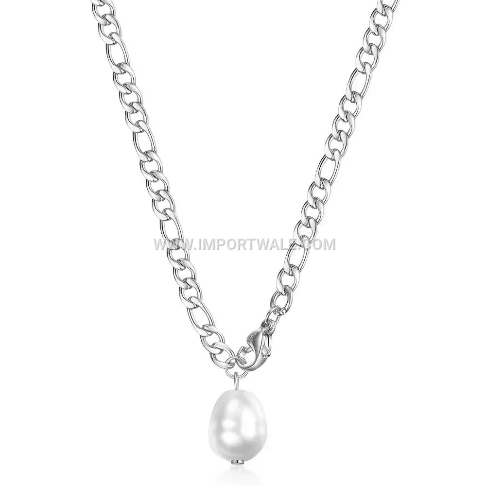 Stainless Steel Figaro Chain Imitation Pearl Pendant Clavicle Necklace
