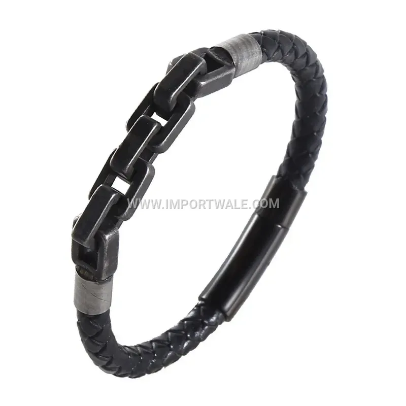 Woven Leather and Stainless Steel Link Men's Bangle Bracelet