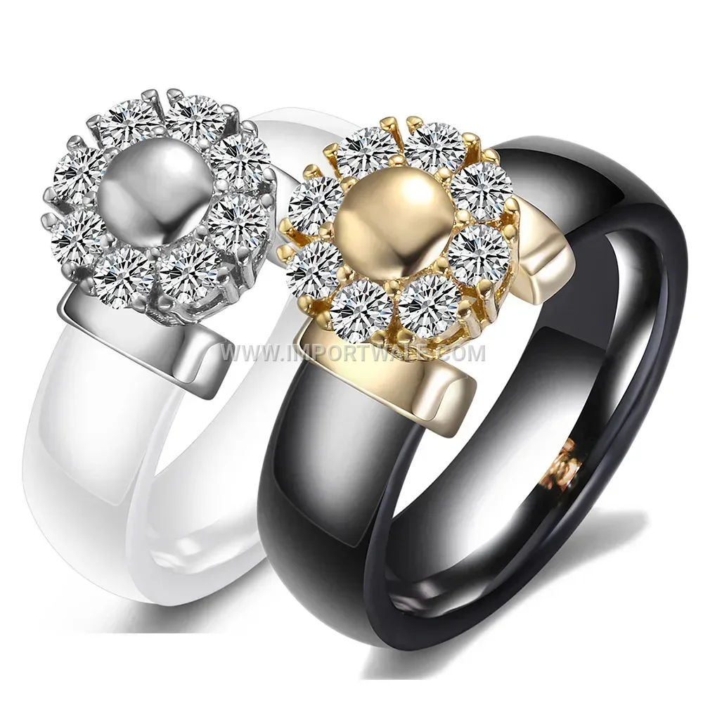 Classic 6mm Round Ceramic Band Ring Inlaid with Zirconia