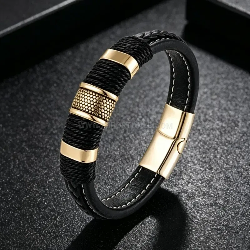 Stylish Multi Layer Braided Leather Men Bracelet With Magnetic Clasp
