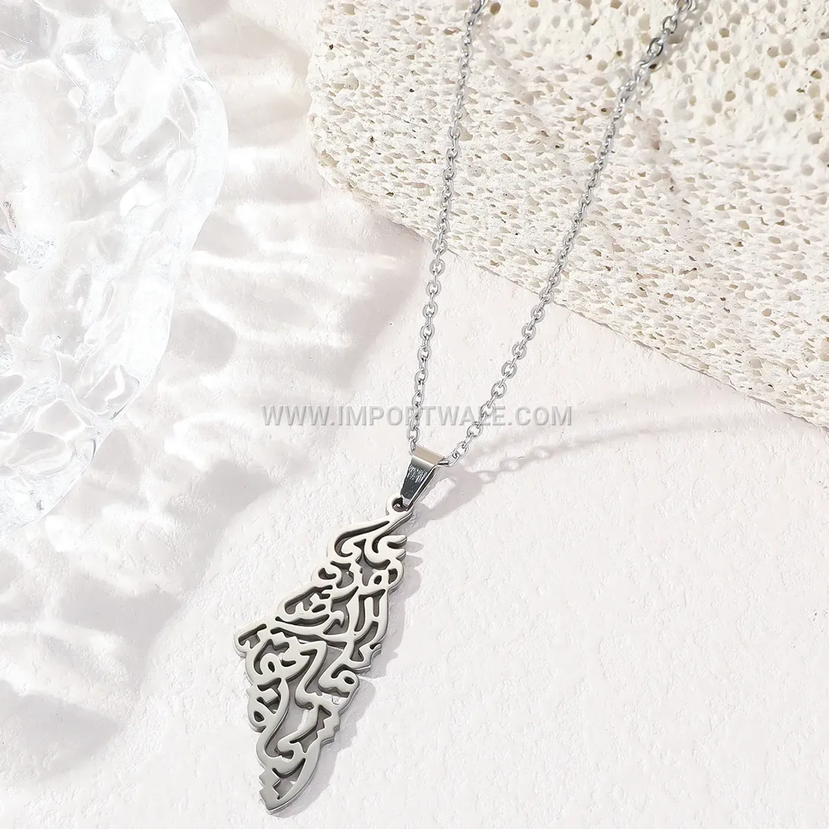 Waterproof Stainless Steel Palestine Map Arabic Script Pendant Necklace