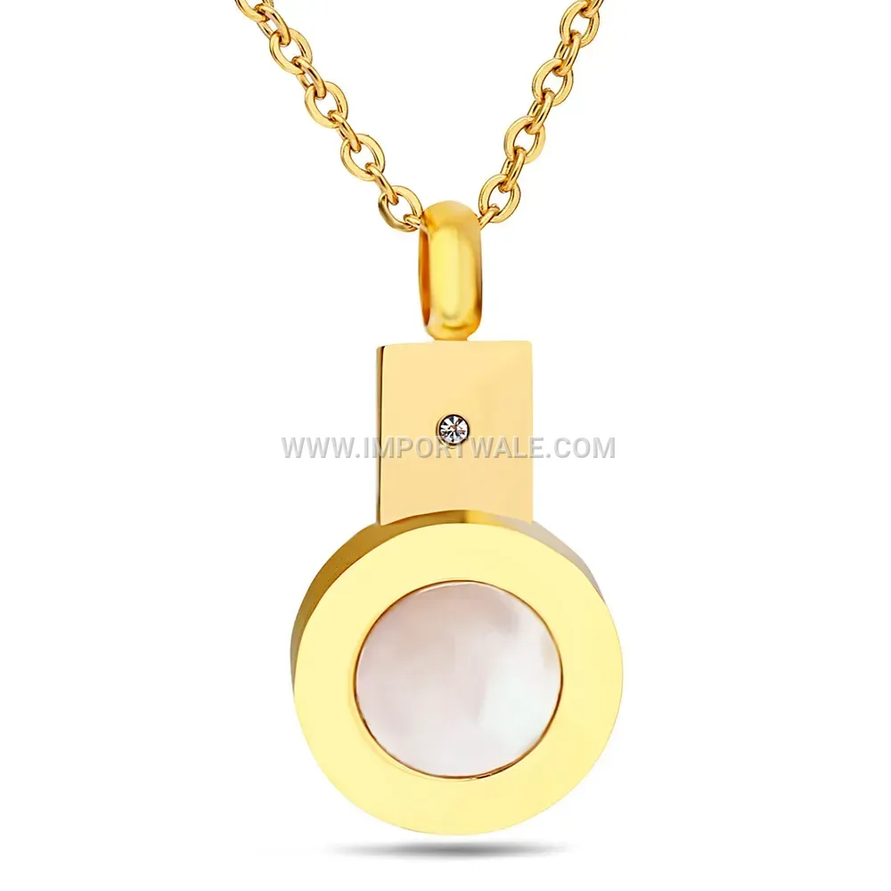 Gold Stainless Steel Shell Inlaid Circular Pendant Necklace