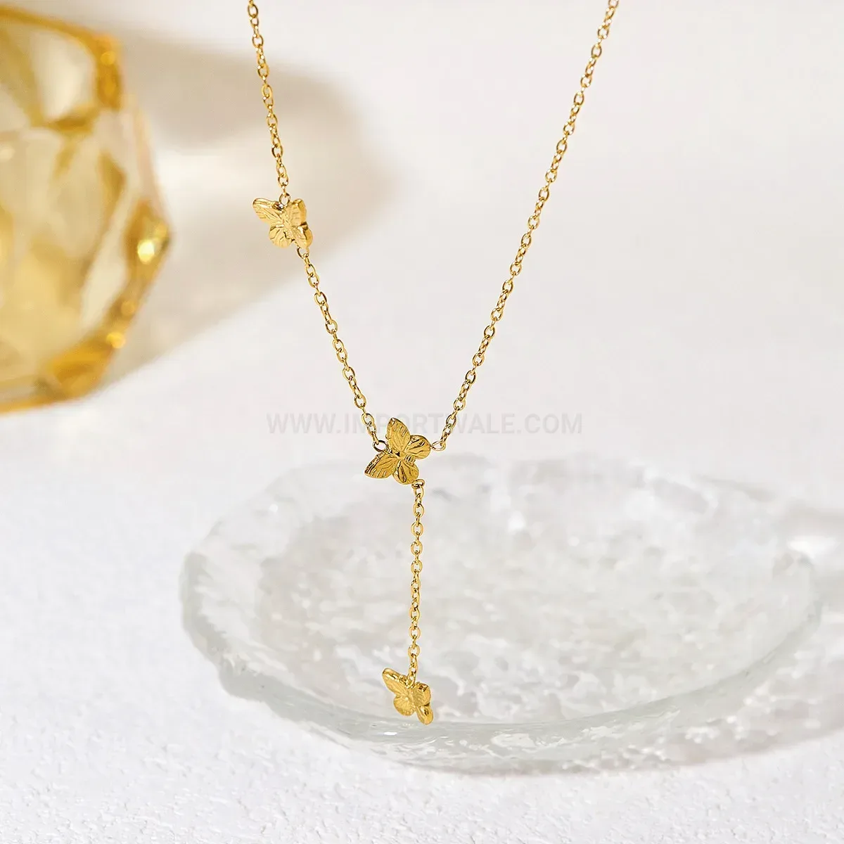 Gold Plated Stainless Steel Butterfly Tassel Pendant Necklace
