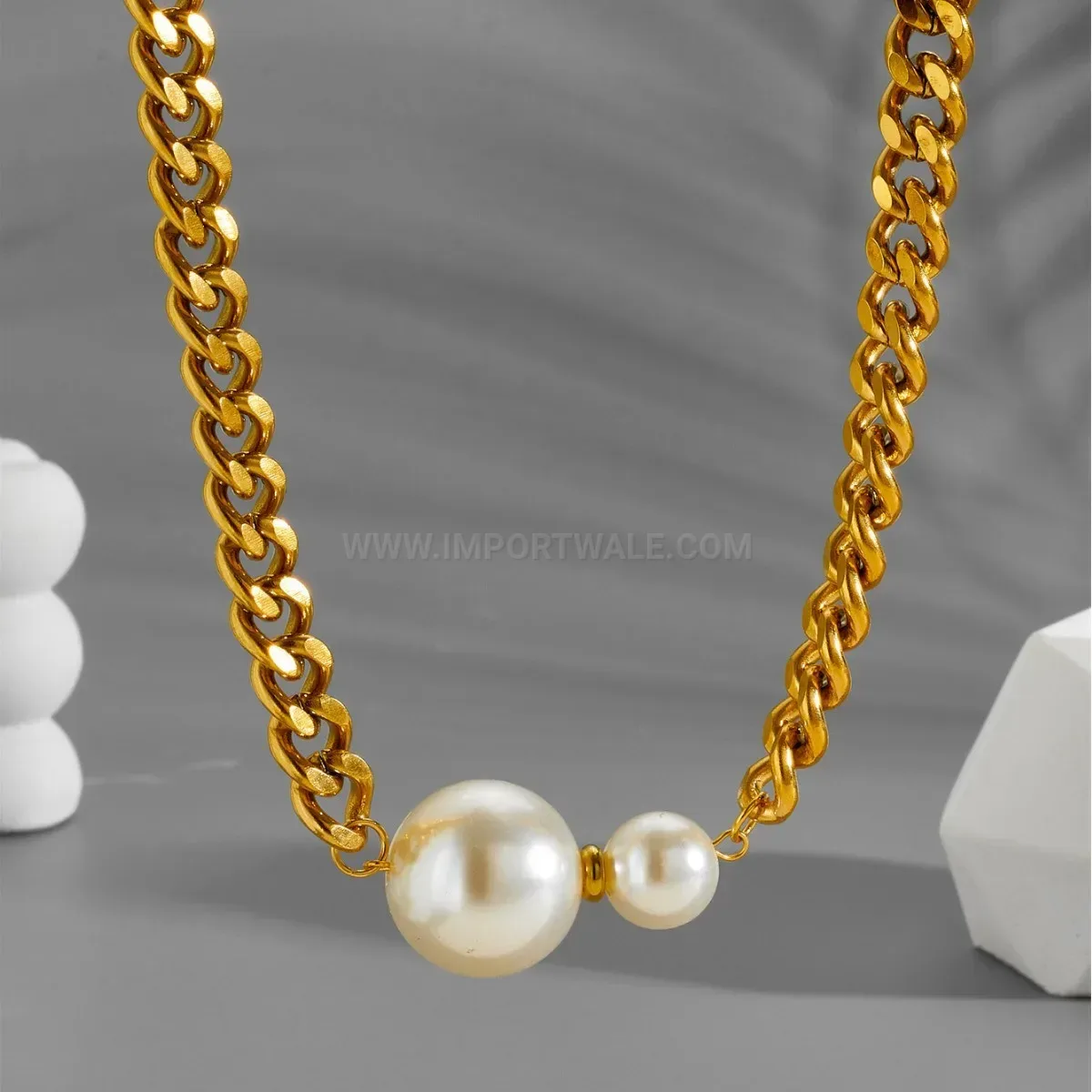 Elegant Baroque Imitation Pearl Pendant Chunky Titanium Steel Chain Necklace