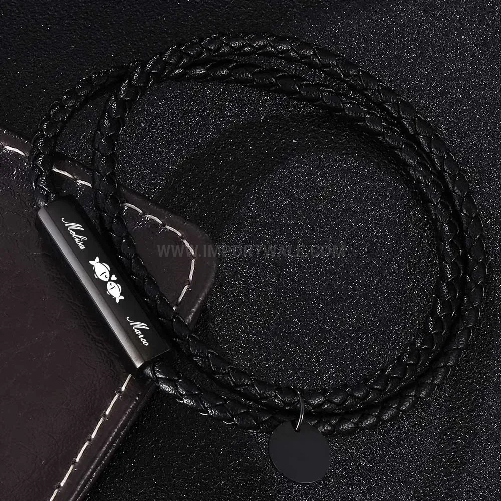 Double Strand Leather Stainless Steel Black Magnetic Wrap Bracelet