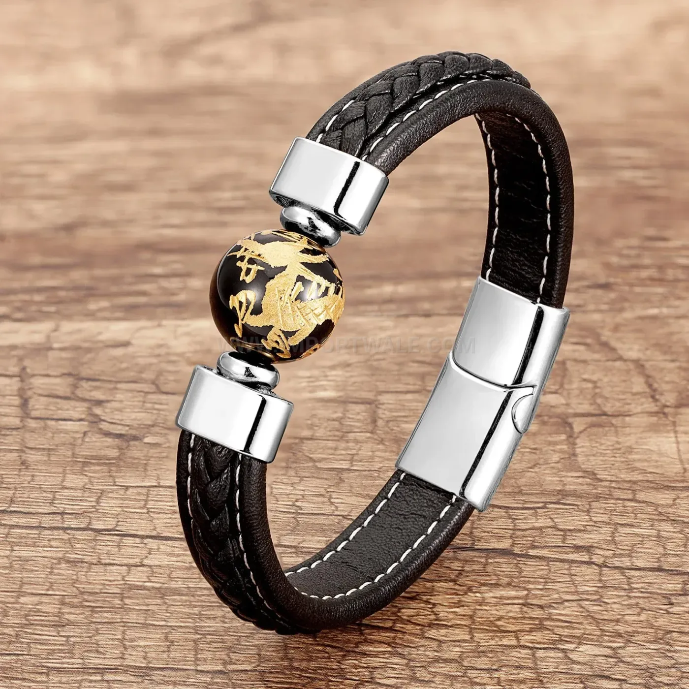 Braided Leather Dragon Pattern Stone Bracelet with Stainless Steel Clasp