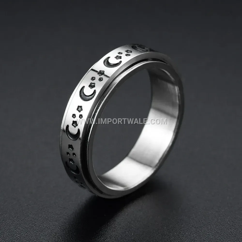 Spinning Stainless Steel Celestial Moon and Star Band Ring