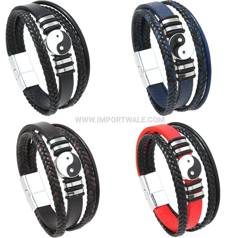 Multi Layer PU Leather Men Wristband With Magnetic Clasp