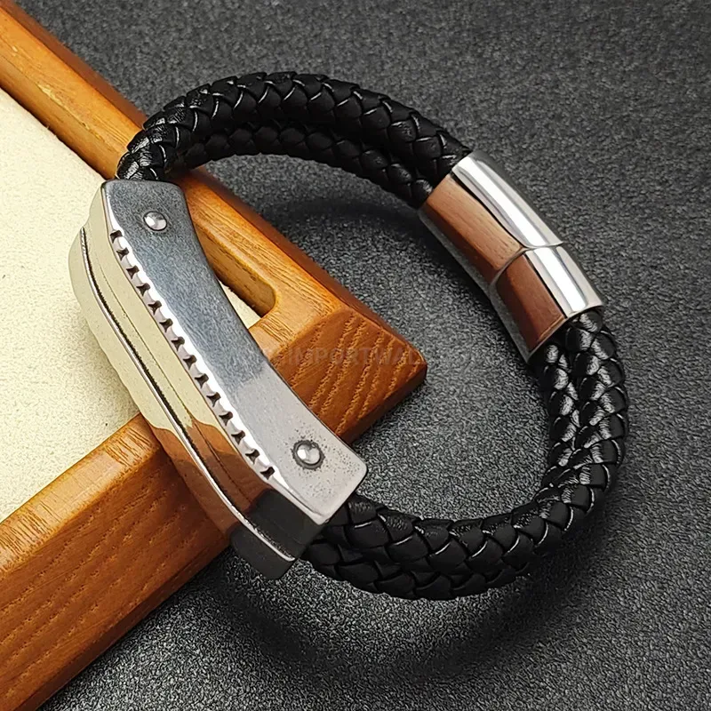 Fashion Men's Two-Tone Braided Leather Stainless Steel Punk Bracelet