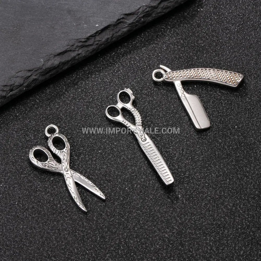 Men's Stainless Steel Cast Barber Shears and Razor Pendant