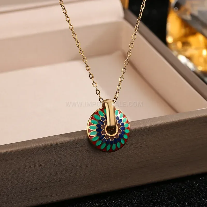 Vintage Enamel Daisy Pattern Titanium Steel Chain Pendant Necklace