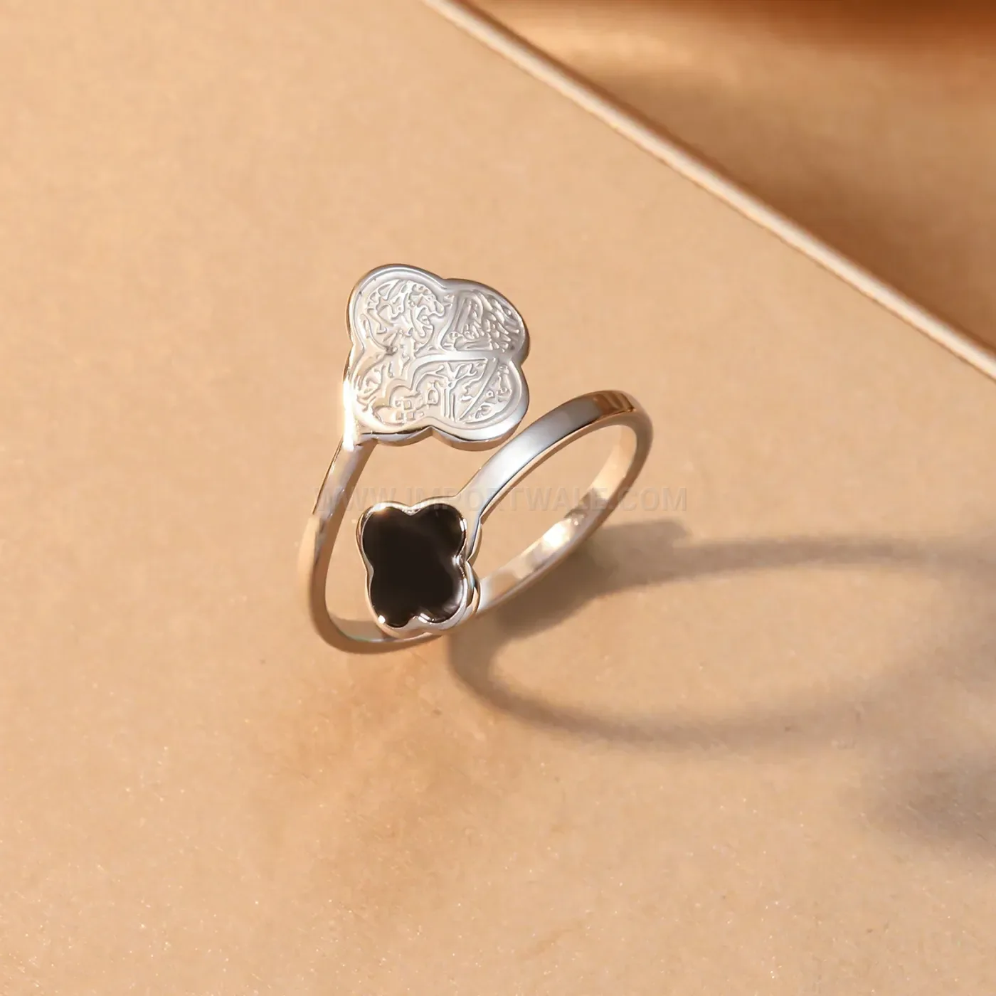 Premium Stainless Steel Filigree Clover Open Bypass Ring with Enamel