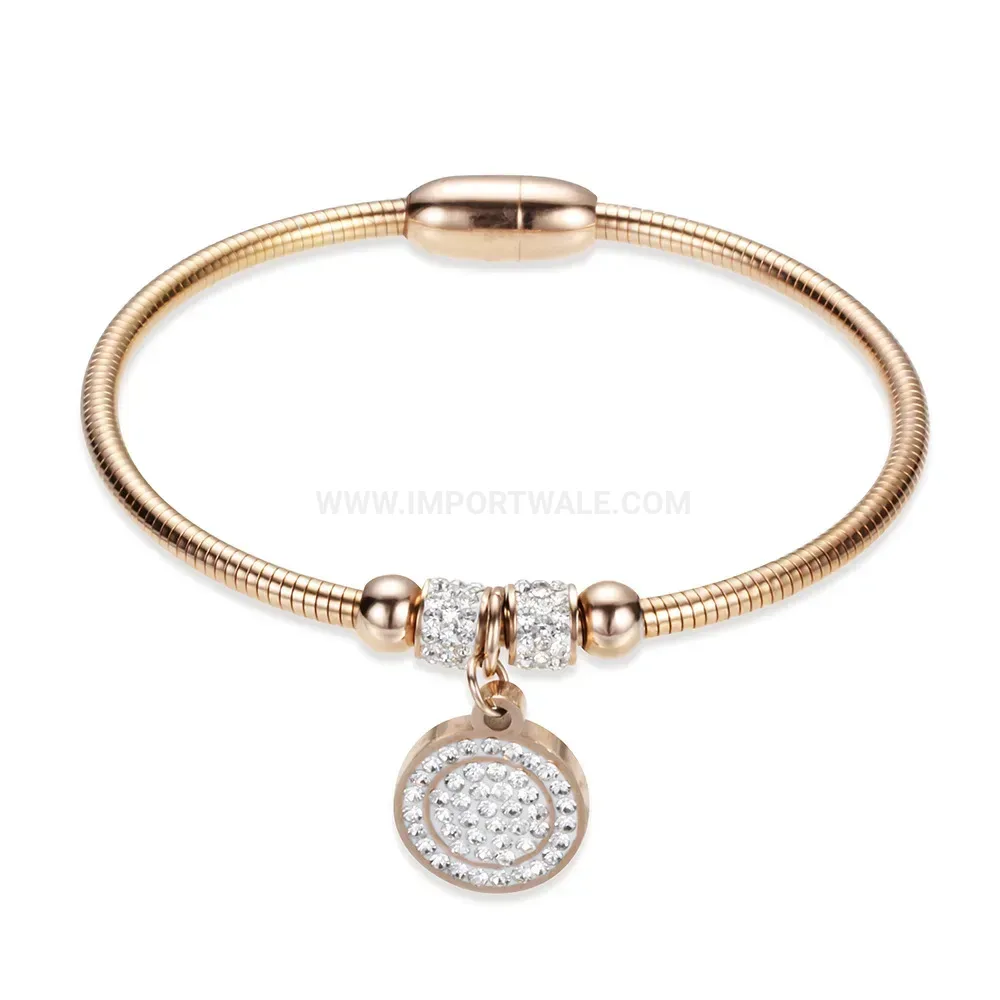 Elegant Crystal Accent Round Motif Magnetic Stainless Steel Snake Chain Bangle