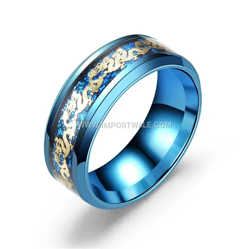 Stainless Steel Inlaid Gold Dragon Pattern Band Ring