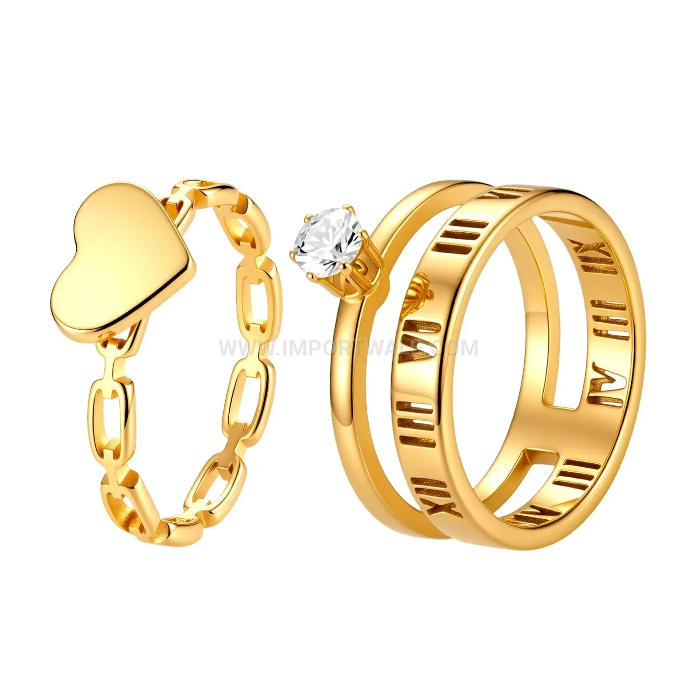 Roman Numeral Cutout Gold Plated Stainless Steel Ring Set