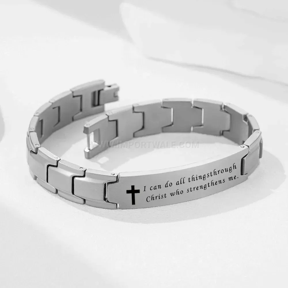 Polished 12mm Dual-Tone Stainless Steel Cross Engraved Link Bracelet