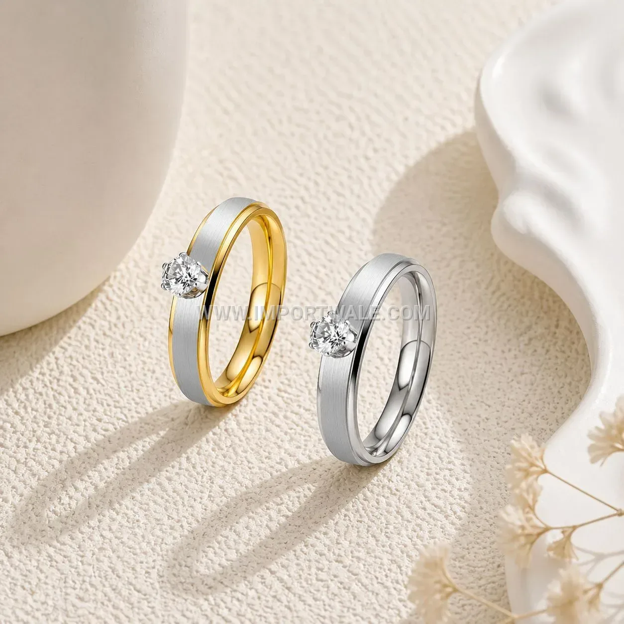 Brushed Stainless Steel Solitaire Accent Minimalist Wedding Band Ring