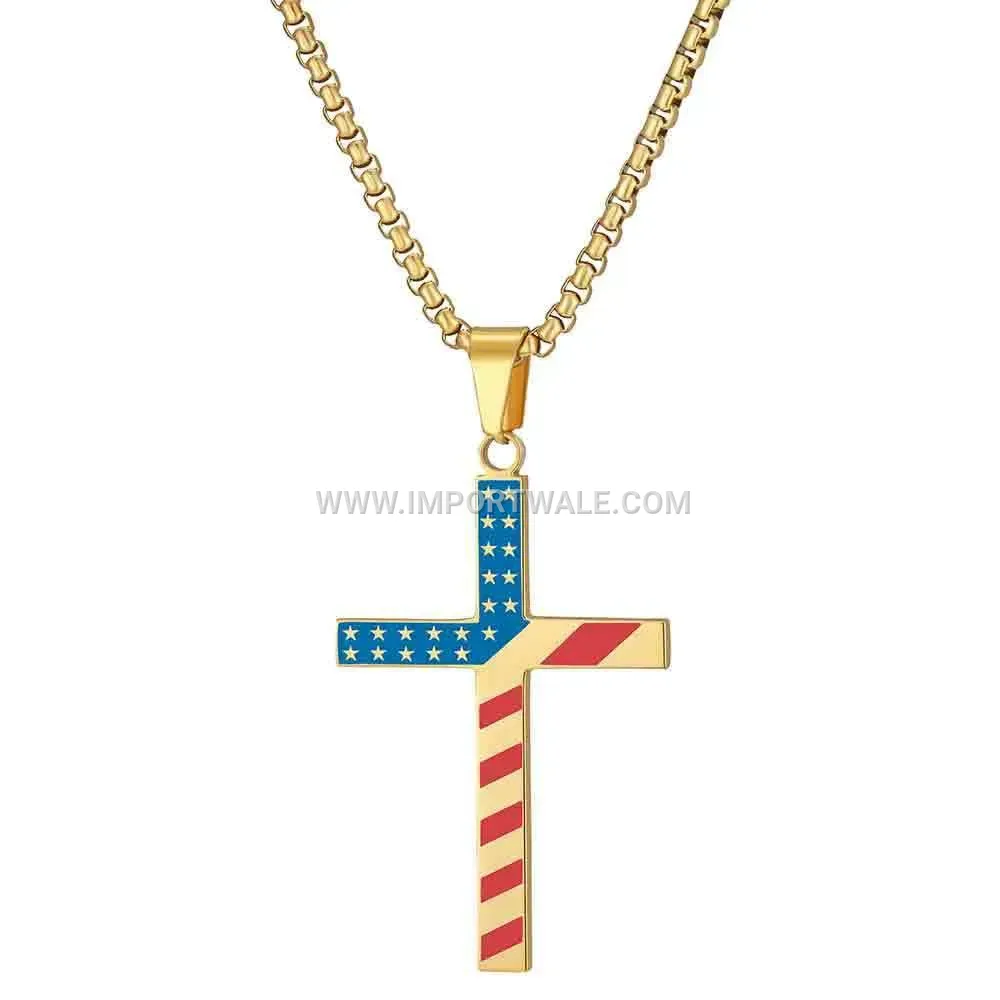 American Flag Enamel Cross Stainless Steel Pendant Necklace