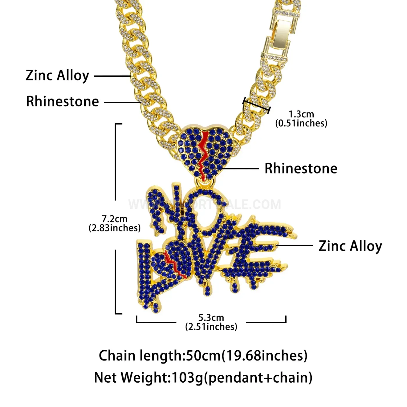 Bold Iced Out No Love Letter Pendant Cuban Necklace