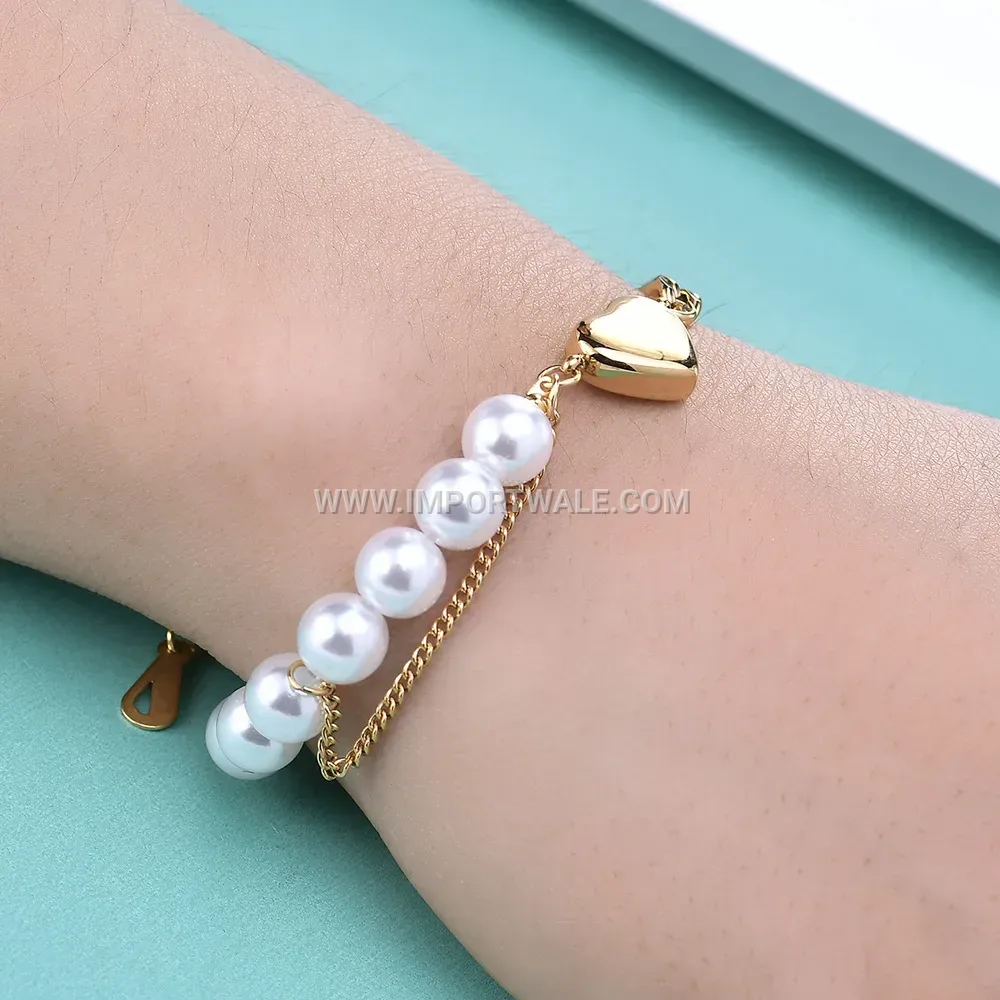 Stainless Steel Heart Charm Cuban Chain Pearl Bracelet
