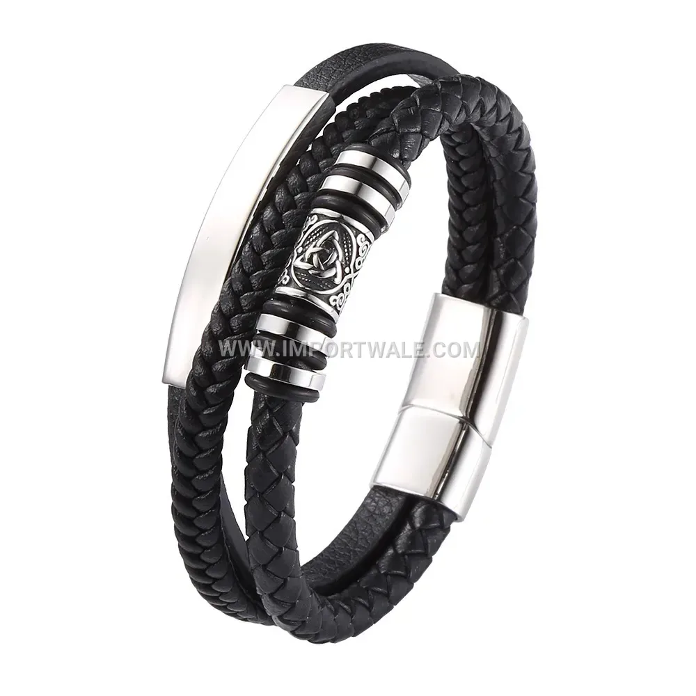 Braided Black Leather Men Bracelet with Stainless Steel