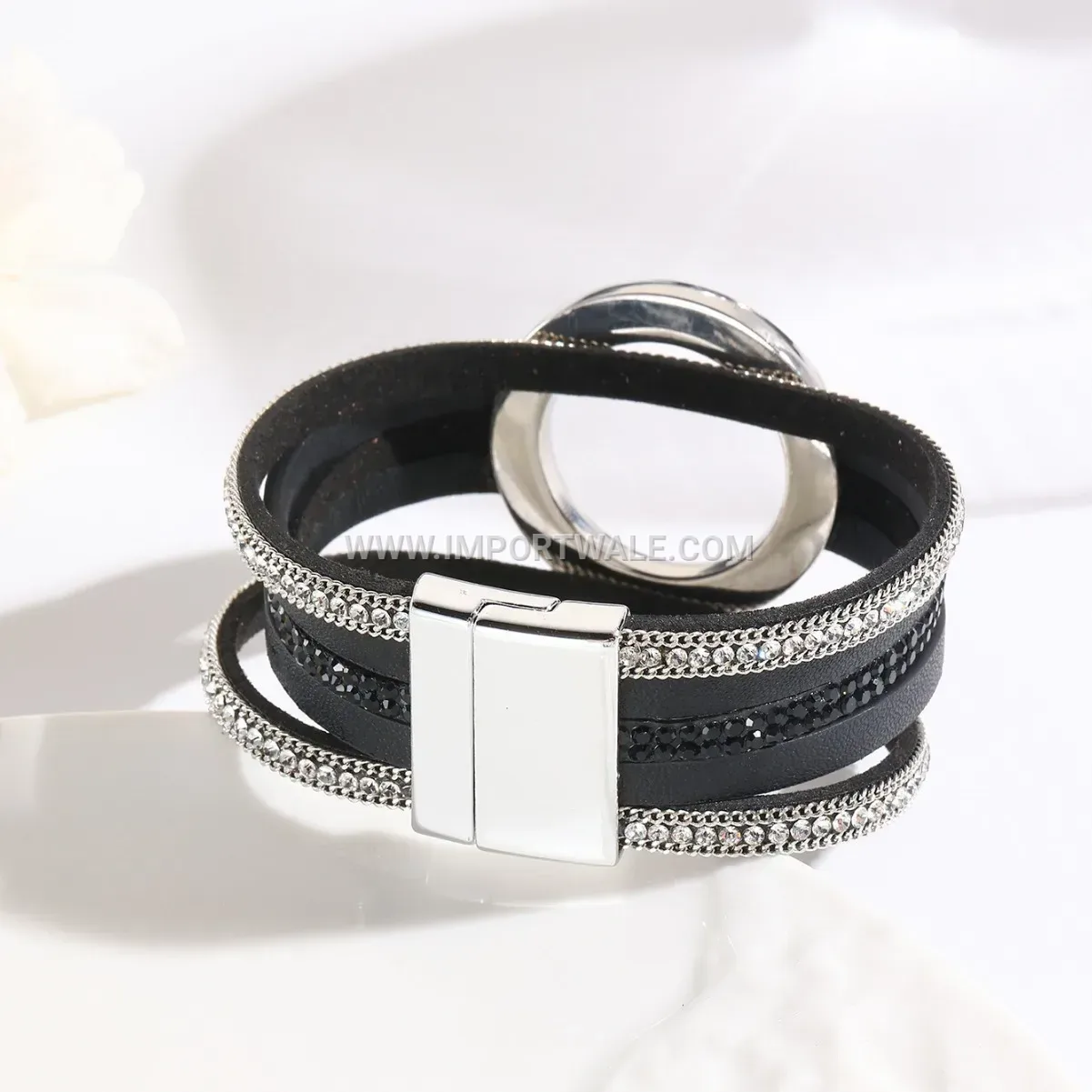 Multi-Layer Faux Leather Ring Accent Bracelet with Magnetic Clasp