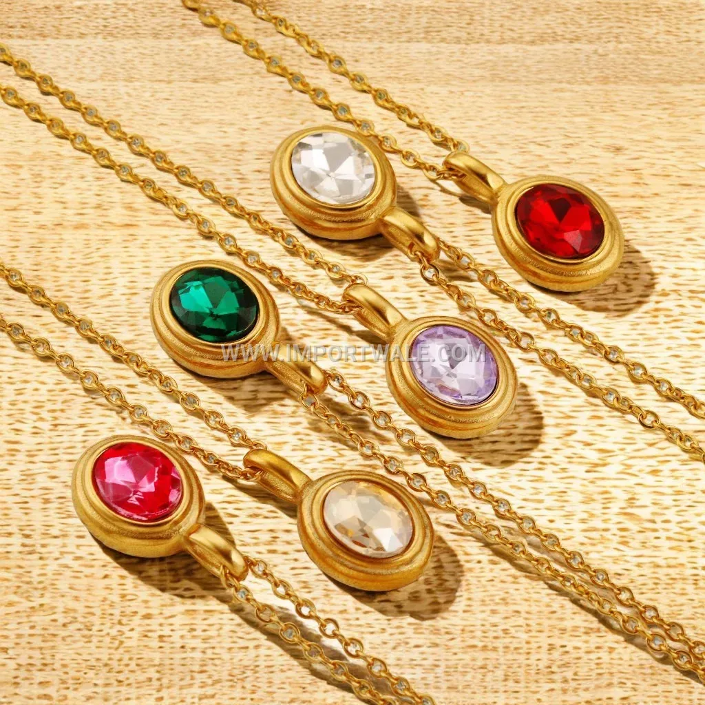 Gold Tone Titanium Steel Oval Gemstone Link Chain Necklace