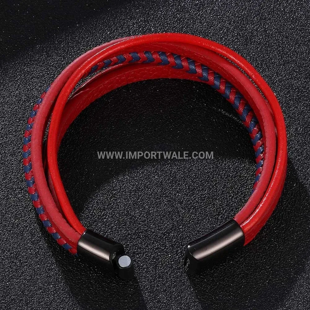 Two-Tone Woven Leather Wristband with Stainless Steel Magnetic Buckle