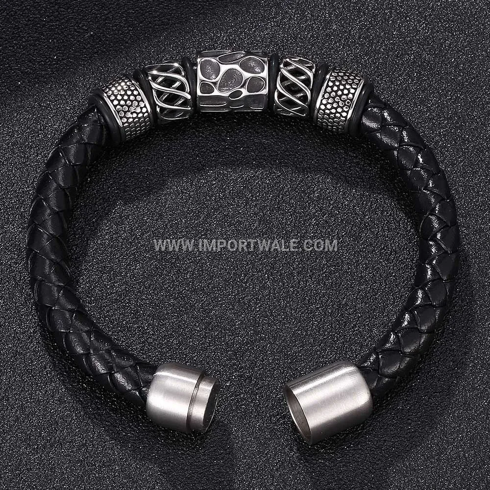 Geometric Stainless Steel Leather Cord Men Bracelet
