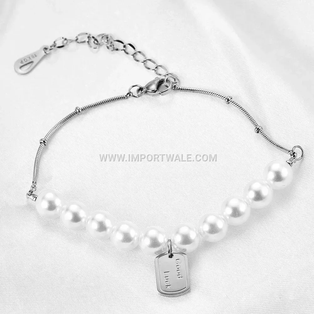 Good Luck Inscribed Faux Pearl Snake Chain Bracelet