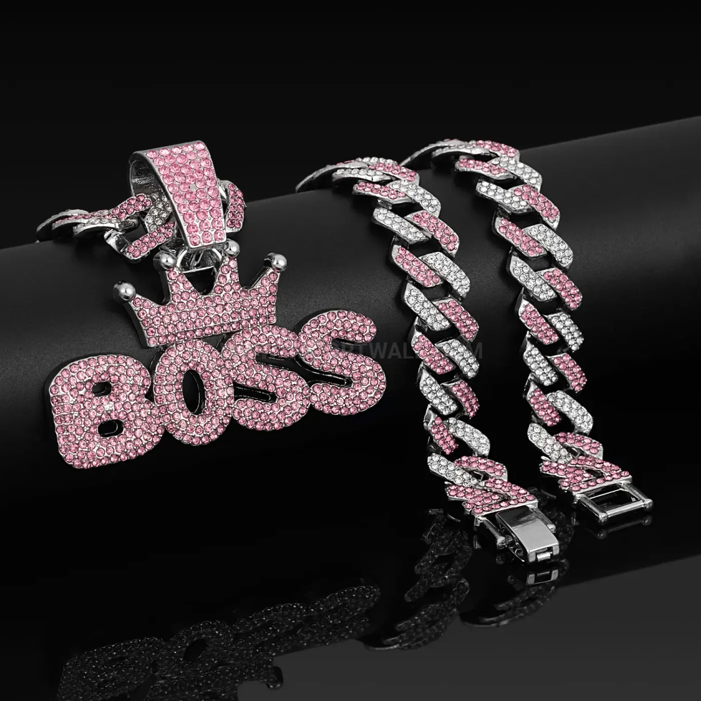 Zinc Alloy Boss Crown Letter Pendant Cuban Link Necklace with Pink Rhinestones