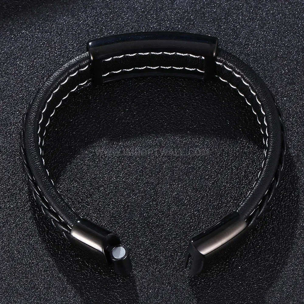 Smooth Leather Wristband with Stainless Steel Interlocking Clasp
