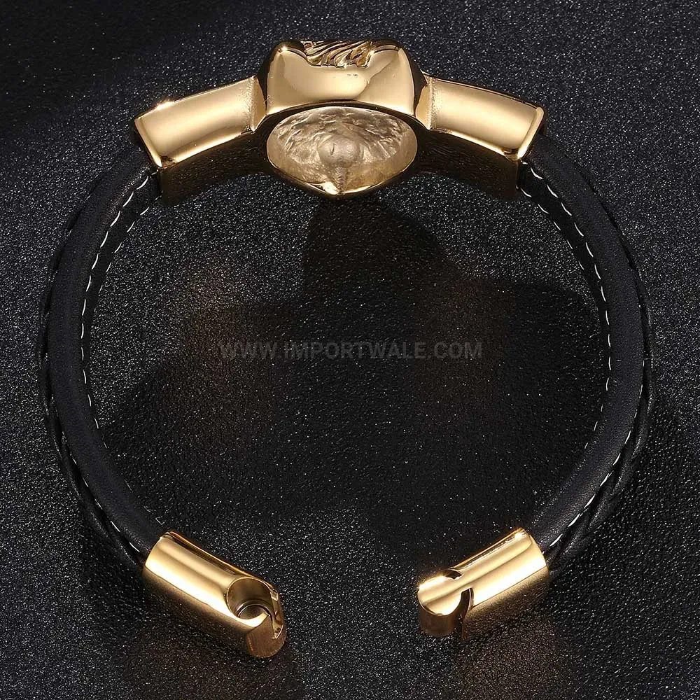 Chic Lion Head Stainless Steel Accent Leather Men Bracelet
