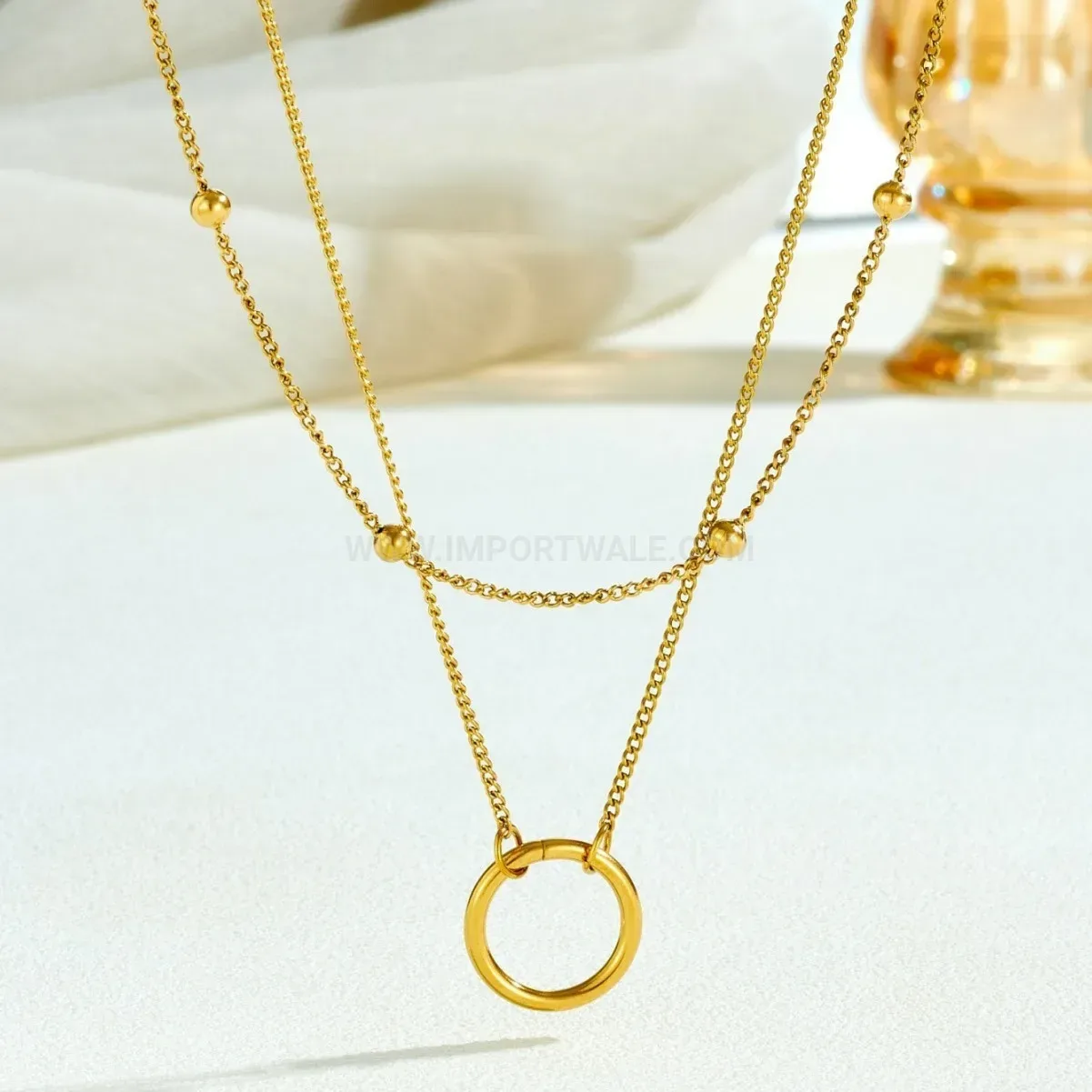 Designer Double Layered Gold Stainless Steel Ring Pendant Necklace